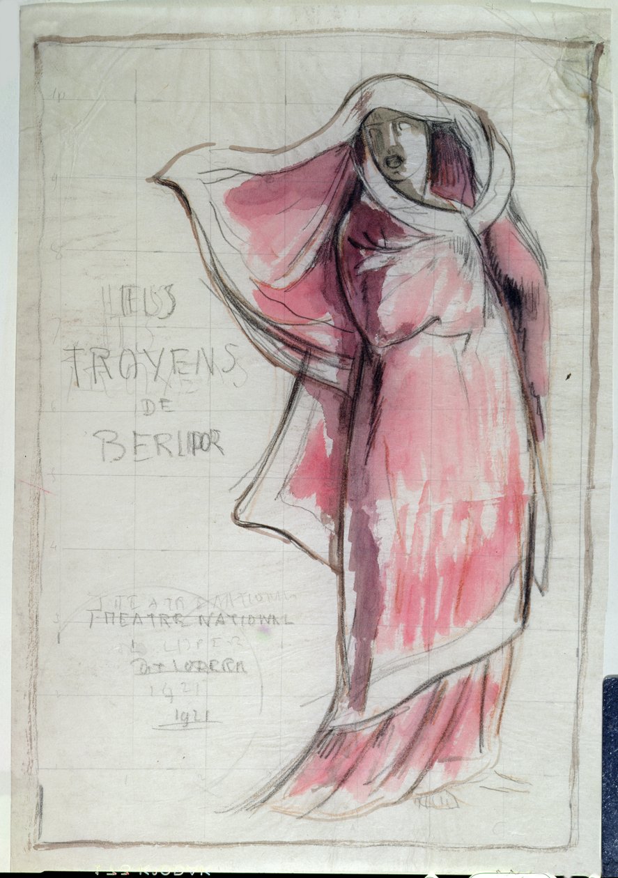 Design för en affisch med reklam för Les Troyens (Trojanerna) komponerad av Hector Berlioz (1803-69) för en föreställning på Opera de Paris 1921 (penna och wc på papper) av Rene Piot