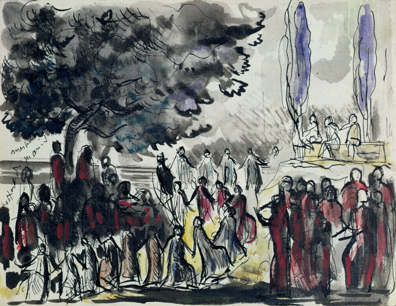 Scenografi till "Les Troyens" (Trojans) komponerad av Hector Berlioz (1803-69) för en föreställning på Opera de Paris (penna, bläck och akvarell på papper) av Rene Piot