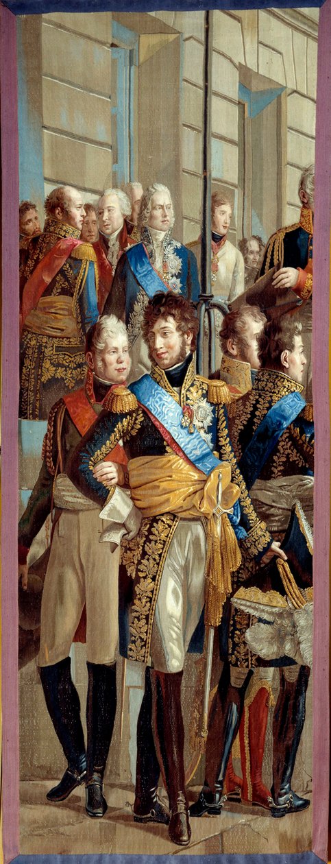 Intervju med Napoleon I och drottning Louise av Preussen i Tilsit (Tilsitt), 1807-07-06 Gobelinerna tillverkade av gobelinernas verkstad efter en detalj av målningen av Rene Theodore Berthon (1776-1859) sön. 3,28x1,28 m Malmaison musee du chateau av Rene Theodore Berthon