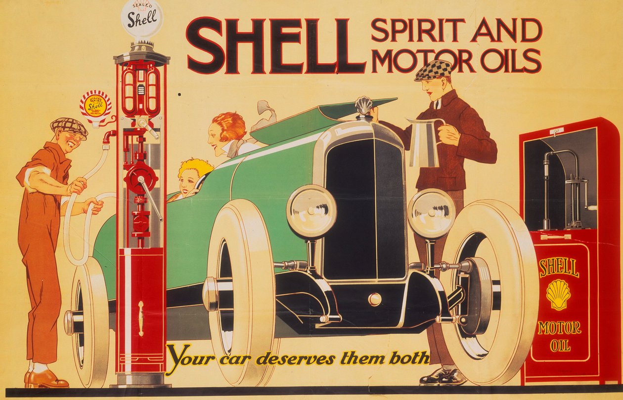 Affisch reklam Shell sprit och motoroljor. av Rene Vincent