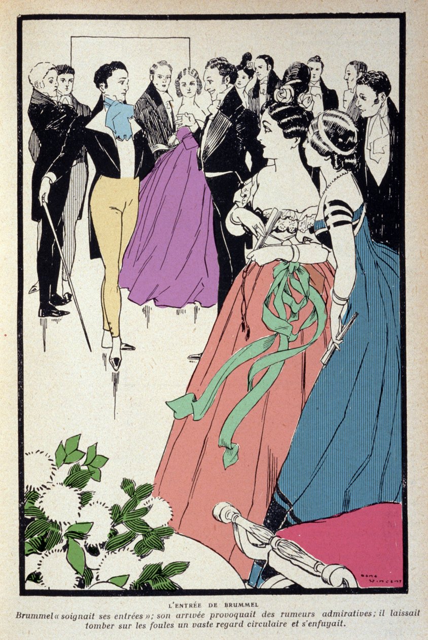 Representation av Beau Brummell (George Bryan Brummell) (1778-1840) under en världslig mottagning, födde han uttrycket "dandy" och spelade en viktig roll i herrmodet. Illustration av Rene Vincent (1879-1936). av Rene Vincent