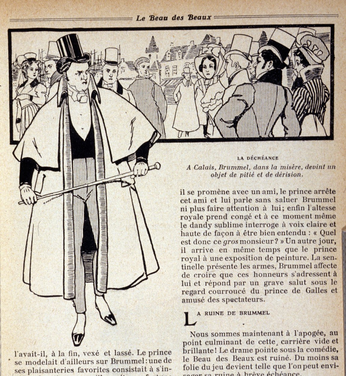 Representation av George Bryan Brummel (1778 - 1840), kungen av Dandies, som befinner sig i exil i Calais. Illustration av René Vincent. 1800-talet av Rene Vincent