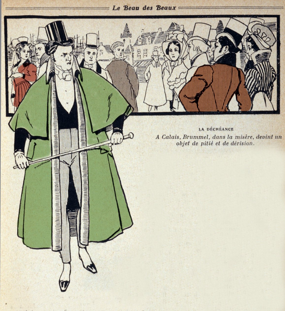 Representation av George Bryan Brummel, känd som Beau Brummel (1778 - 1840), kung av Dandys: den senare är i exil i Calais. Illustration av Rene Vincent (1879-1936). 1800-talet av Rene Vincent