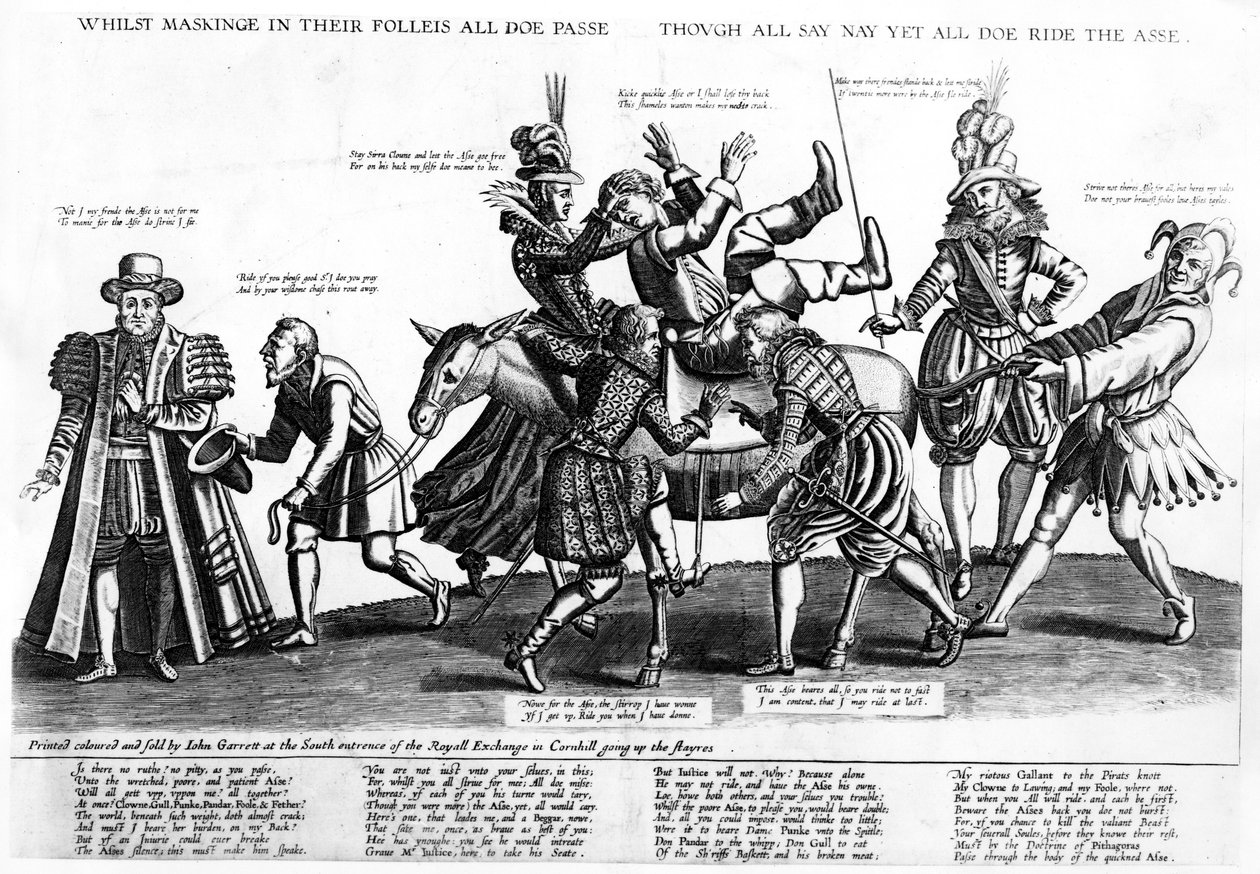 Medan maskering i sina folleis all doe passerar, fastän alla säger nej men alla doe rider på åsnan, 1607 av Renold Elstrack