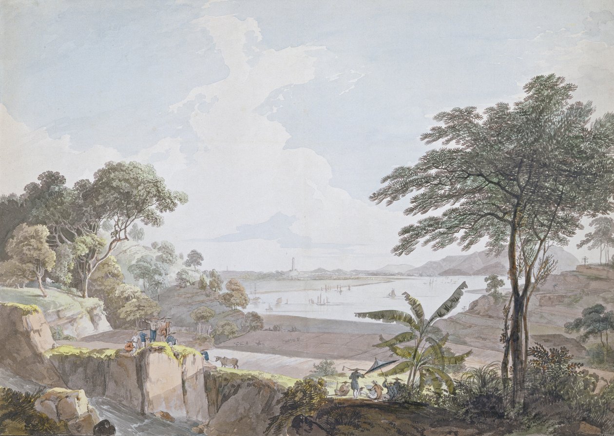Utsikt över floden Canton, nära Whampoa, Kina, ca 1785-94 (wc och grafit på lagt papper) av Rev. Edward Thomas Daniell