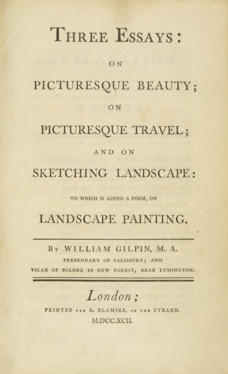 Titelsida, från tre essäer: om pittoresk skönhet, om pittoreska resor och om skissning...1792 av Rev. William Gilpin