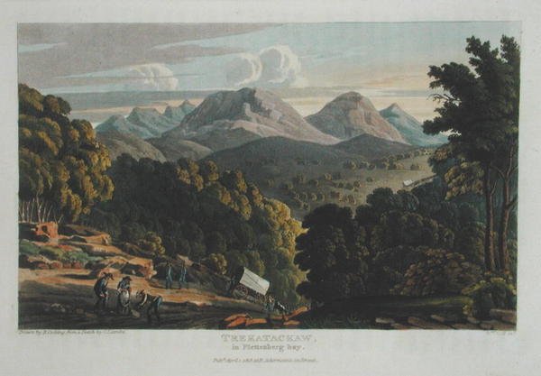 Trekatackaw i Plettenberg Bay, ritad från originalskiss av R. Cocking, publicerad 1818 (färgad gravyr) av Rev. Christian Ignatius (after) Latrobe
