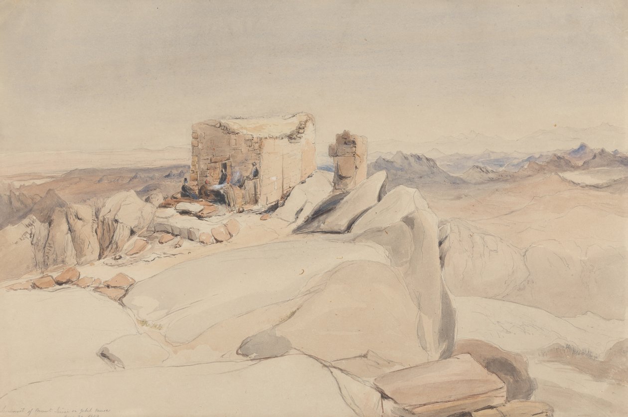 Toppen av berget Sinai eller Jebel Musa, 1840 (wc, grafit och kroppsfärg på beige vävt papper) av Rev. Edward Thomas Daniell
