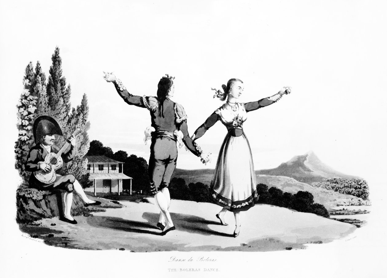 Bolerasdansen, illustration från "Sketches of the Country, Character and Costume, in Portugal and Spain", tryck av John Heaviside Clark, 1809 (akvatint) av Rev. William Bradford