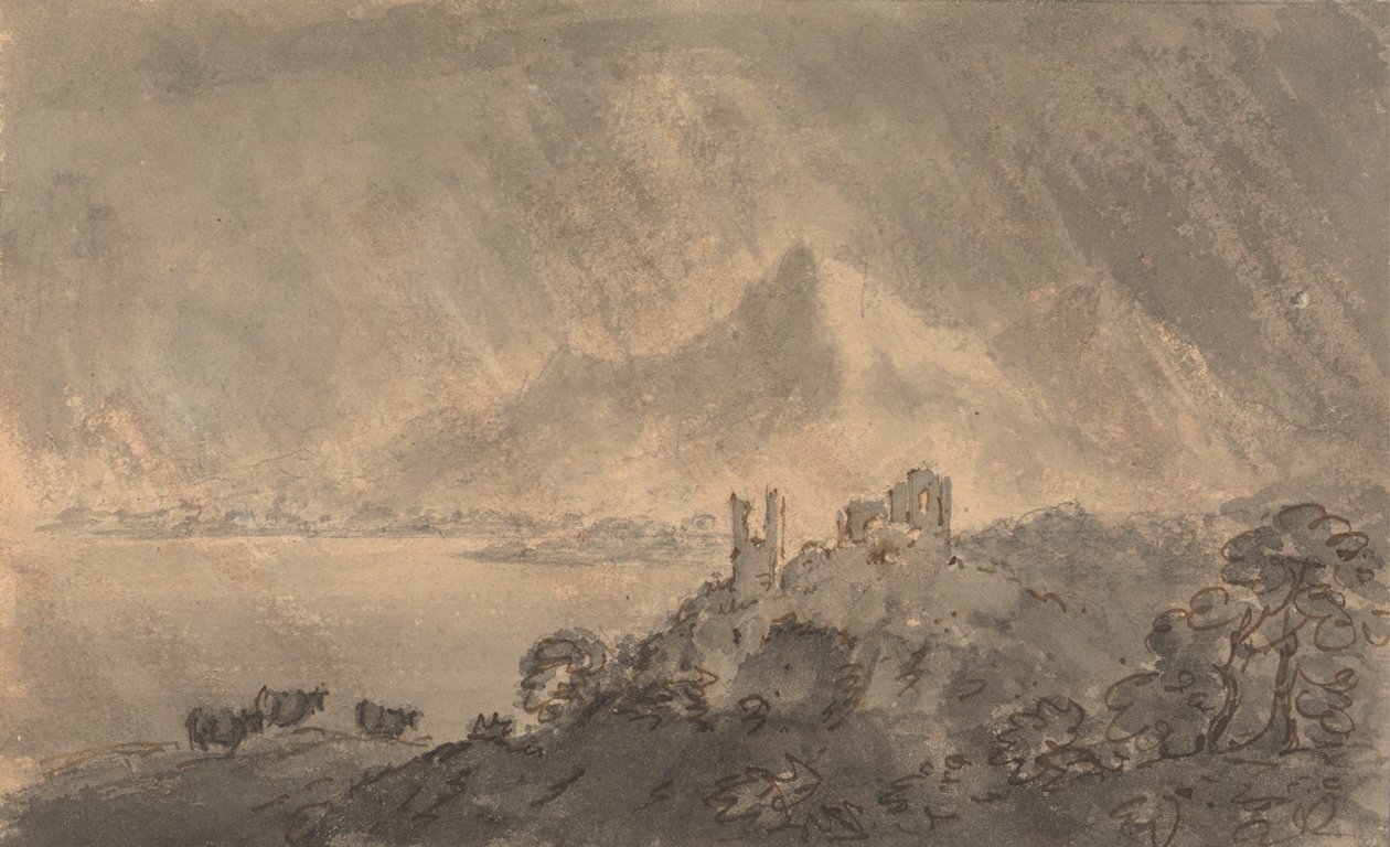 Slott ovanför en sjö med fjärran berg under stormig himmel av Rev. William Gilpin