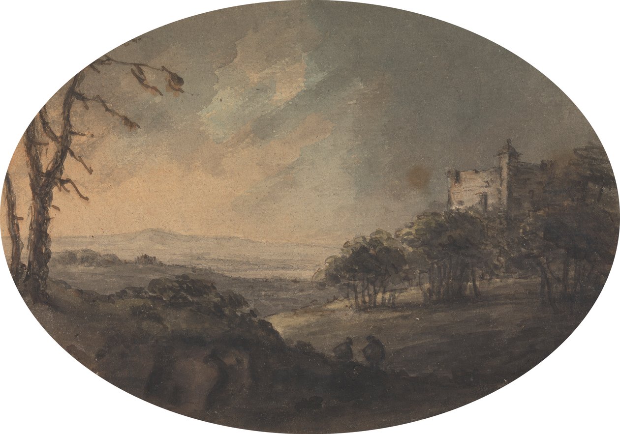 Landskap med två män på en kulle och ett slott i fjärran av Rev. William Gilpin