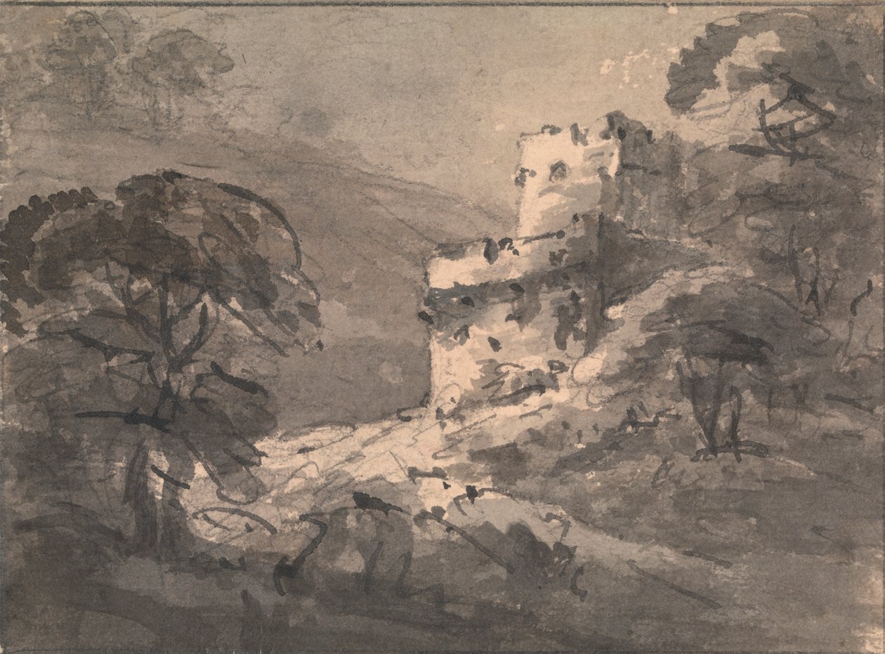 Landskap med ett förstört slott till höger av Rev. William Gilpin