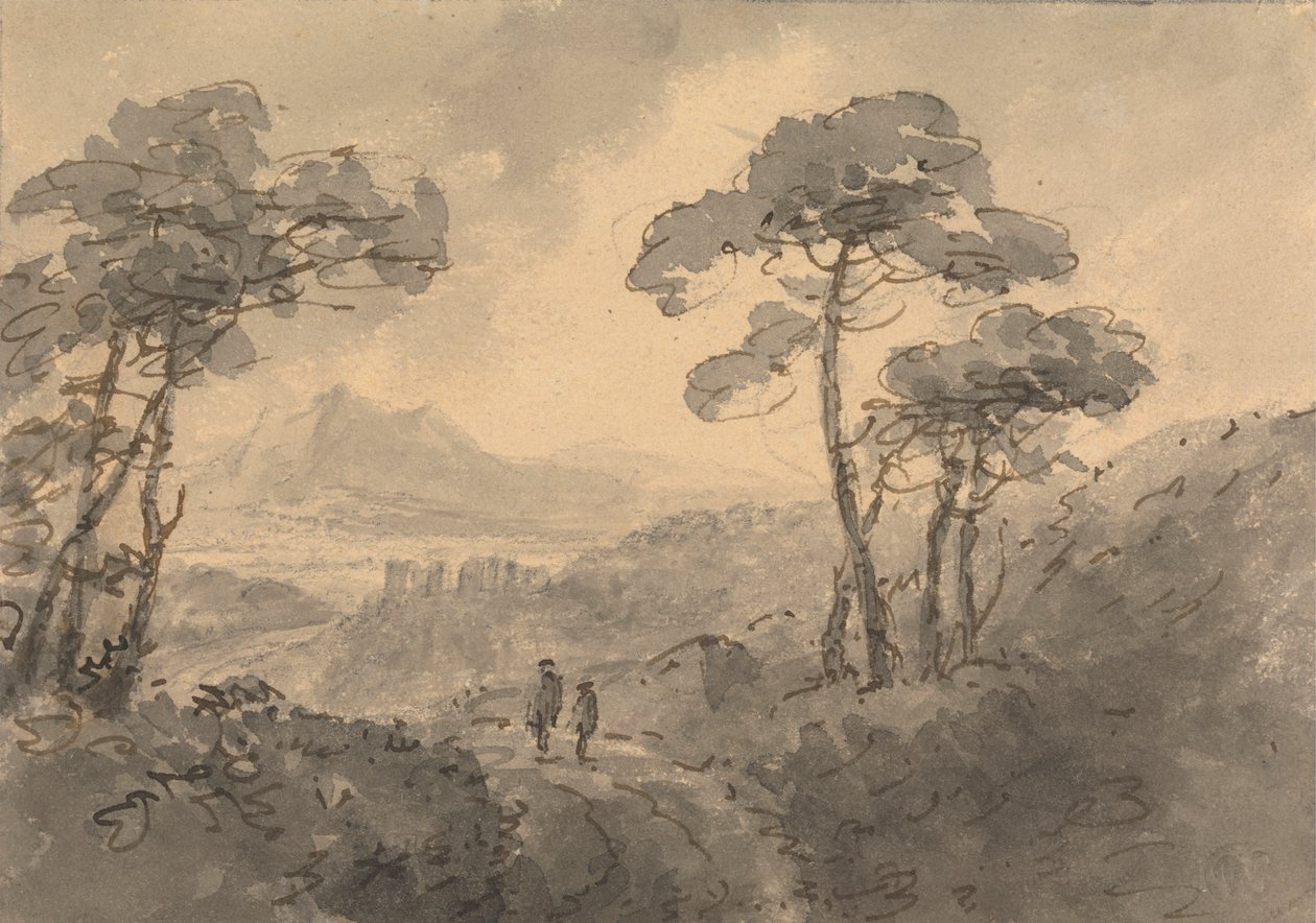 Bergslandskap med två figurer på en slingrande väg av Rev. William Gilpin