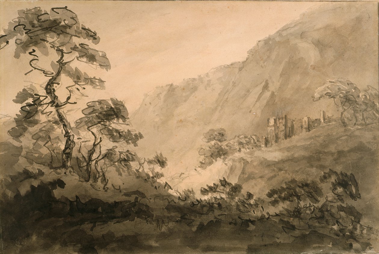 Bergigt landskap med ruin (penna, bläck och bläck tvättas över penna på benvitt papper förberett med sepiatvätt) av Rev. William Gilpin