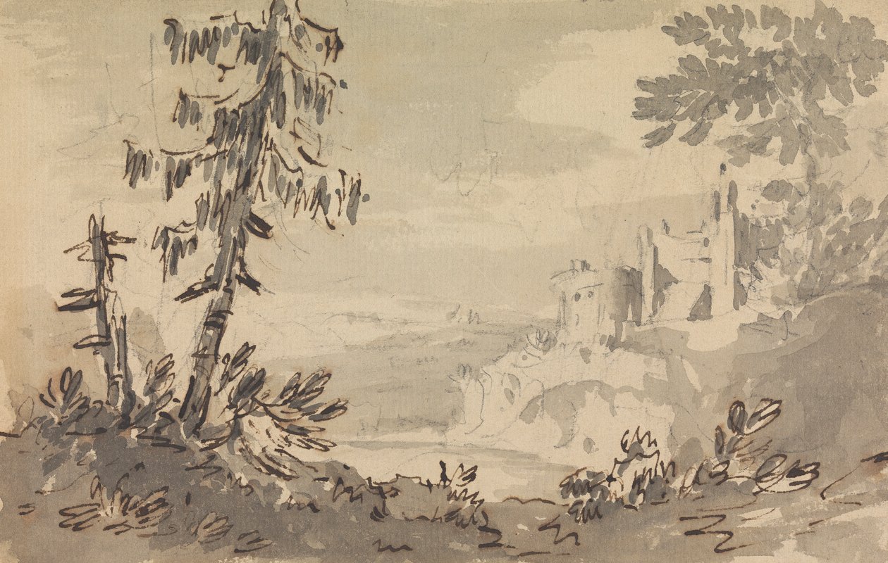 Pinjeträd och slott i ett landskap av Rev. William Gilpin