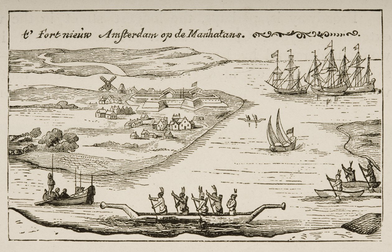 Fort och bosättning i New Amsterdam på Manhattan Island på 1620-talet, ca 1880 av Reverend Samuel Manning