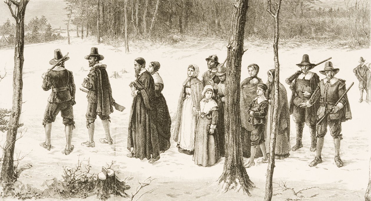 Pilgrimsfäder som går till kyrkan, ca 1880 av Reverend Samuel Manning