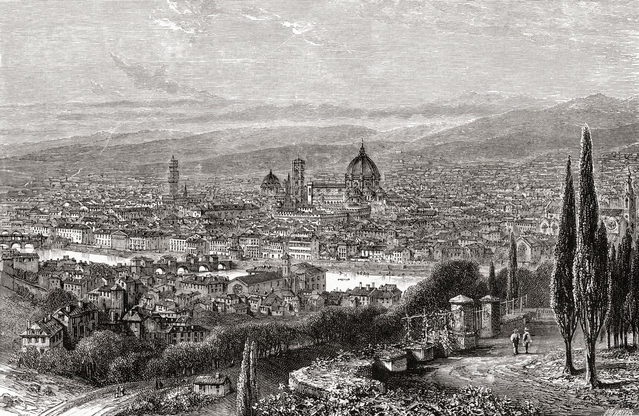 Utsikt över Florens, Toscana, Italien från terrassen på San Miniato, i slutet av 1800-talet. Från Italian Pictures av Rev. Samuel Manning, publicerad ca 1890. av Reverend Samuel Manning