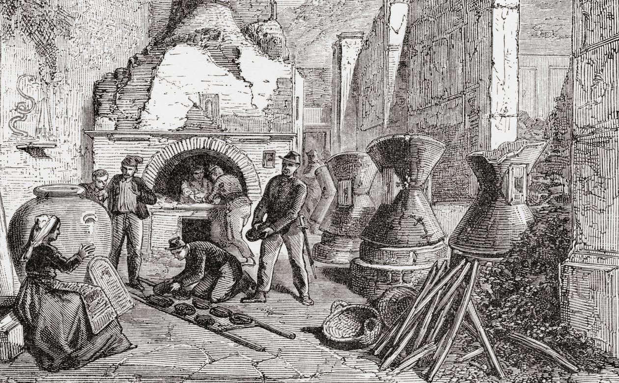 Bagarugn, bröd- och mjölkvarnar som upptäcktes vid utgrävningarna i Pompeji, Neapel, Italien i slutet av 1800-talet. Från Italian Pictures av Rev. Samuel Manning, publicerad ca 1890. av Reverend Samuel Manning