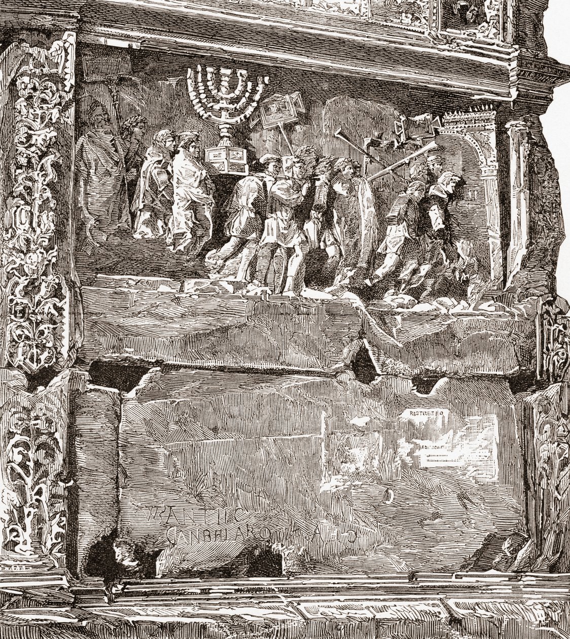 Basrelief av den södra panelen "Krigsbytet", som visar triumftåget, på Titusbågen, Via Sacra, Forum Romanum, Rom, Italien. Från Italian Pictures av Rev. Samuel Manning, publicerad ca 1890. av Reverend Samuel Manning