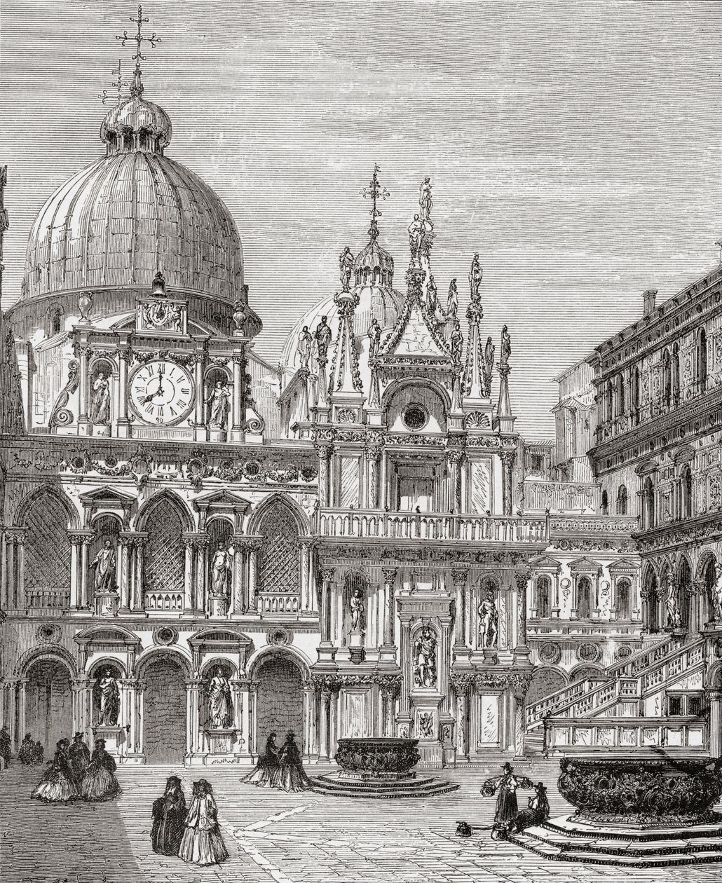 Innergården till Dogepalatset, Venedig, Italien i slutet av 1800-talet. Från Italian Pictures av Rev. Samuel Manning, publicerad ca 1890. av Reverend Samuel Manning