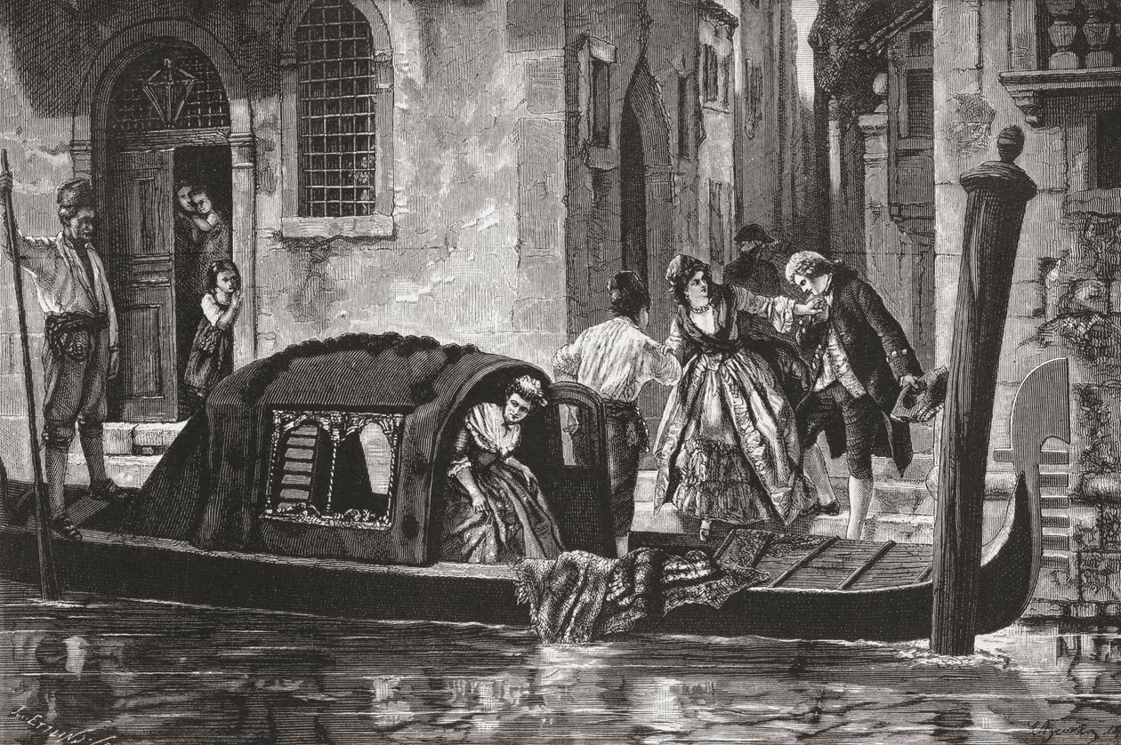 Passagerare stiger ur en gondol på Canal Grande i Venedig, Italien, i slutet av 1800-talet. Från Italian Pictures av Rev. Samuel Manning, publicerad ca 1890. av Reverend Samuel Manning
