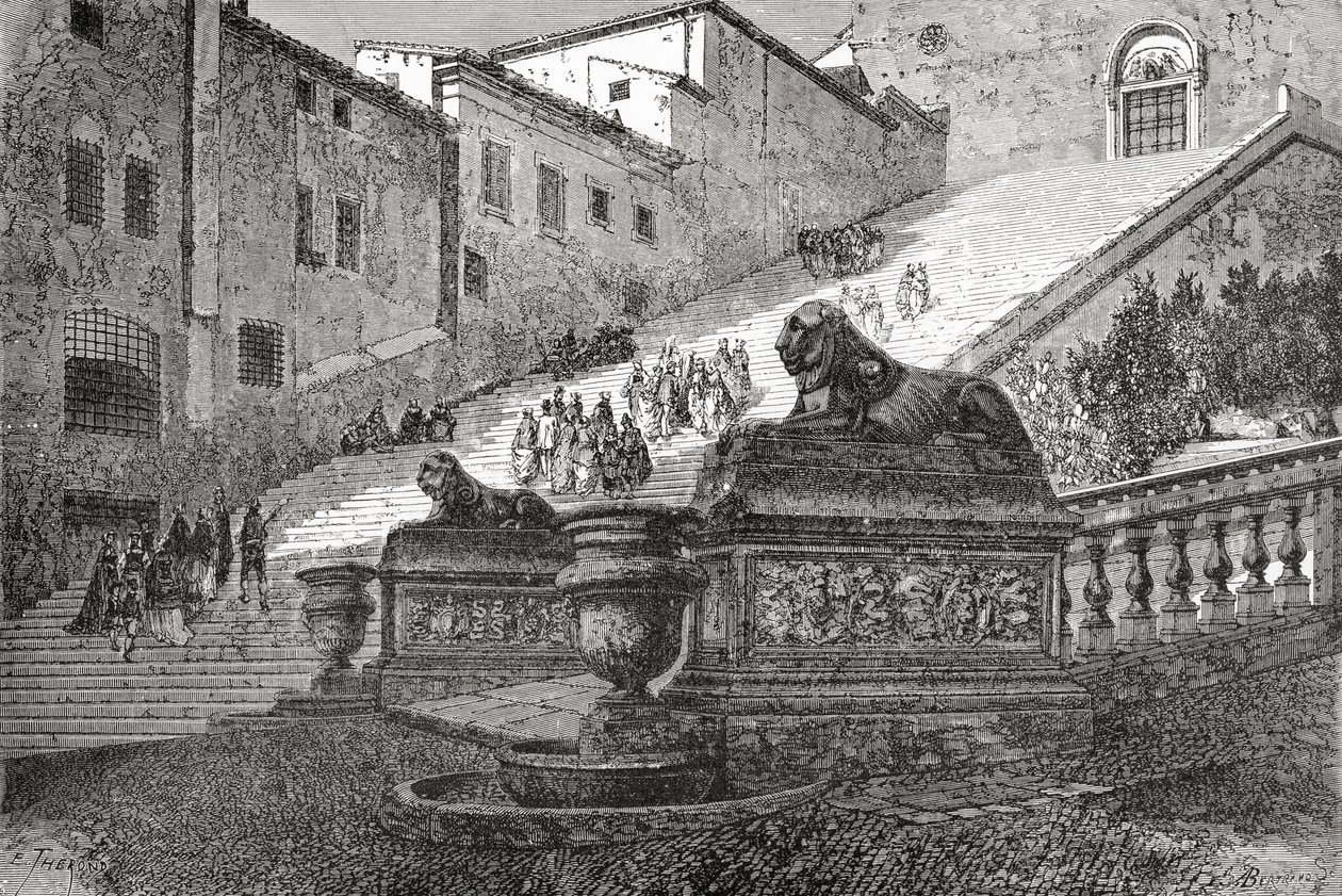 Trappan som leder upp till Basilica of St. Mary of the Altar of Heaven, Rom, Italien i slutet av 1800-talet. Från Italian Pictures av Rev. Samuel Manning, publicerad ca 1890. av Reverend Samuel Manning
