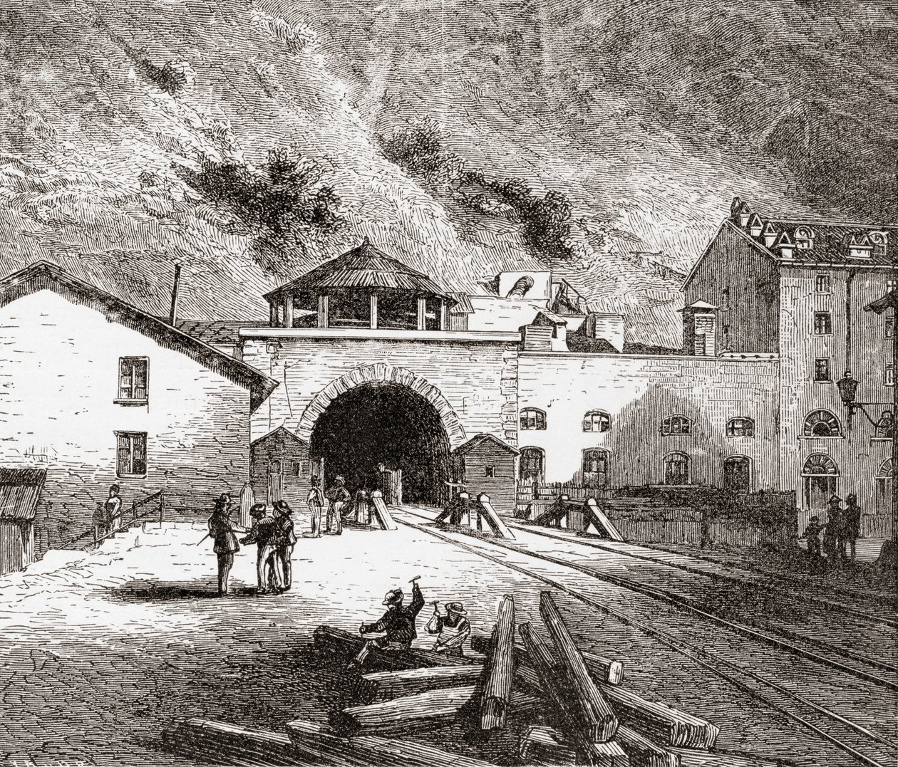 Järnvägstunneln Fréjus, även kallad Mont Cenis-tunneln, Europeiska Alperna, från den italienska sidan i slutet av 1800-talet. Från Italian Pictures av Rev. Samuel Manning, publicerad ca 1890. av Reverend Samuel Manning