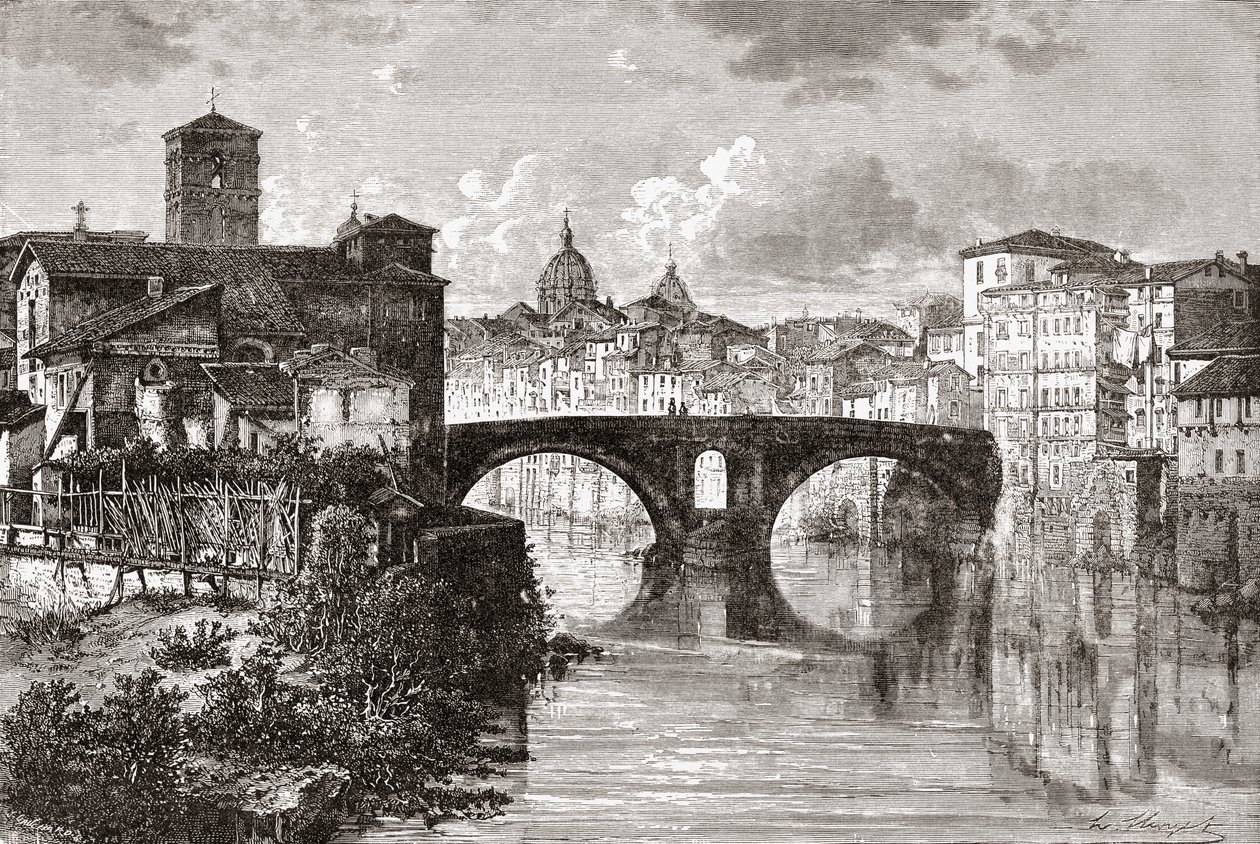 Pons Fabricius, eller Ponte dei Quattro Capi, och Tiberön, Rom, Italien i slutet av 1800-talet. Från Italian Pictures av Rev. Samuel Manning, publicerad ca 1890. av Reverend Samuel Manning