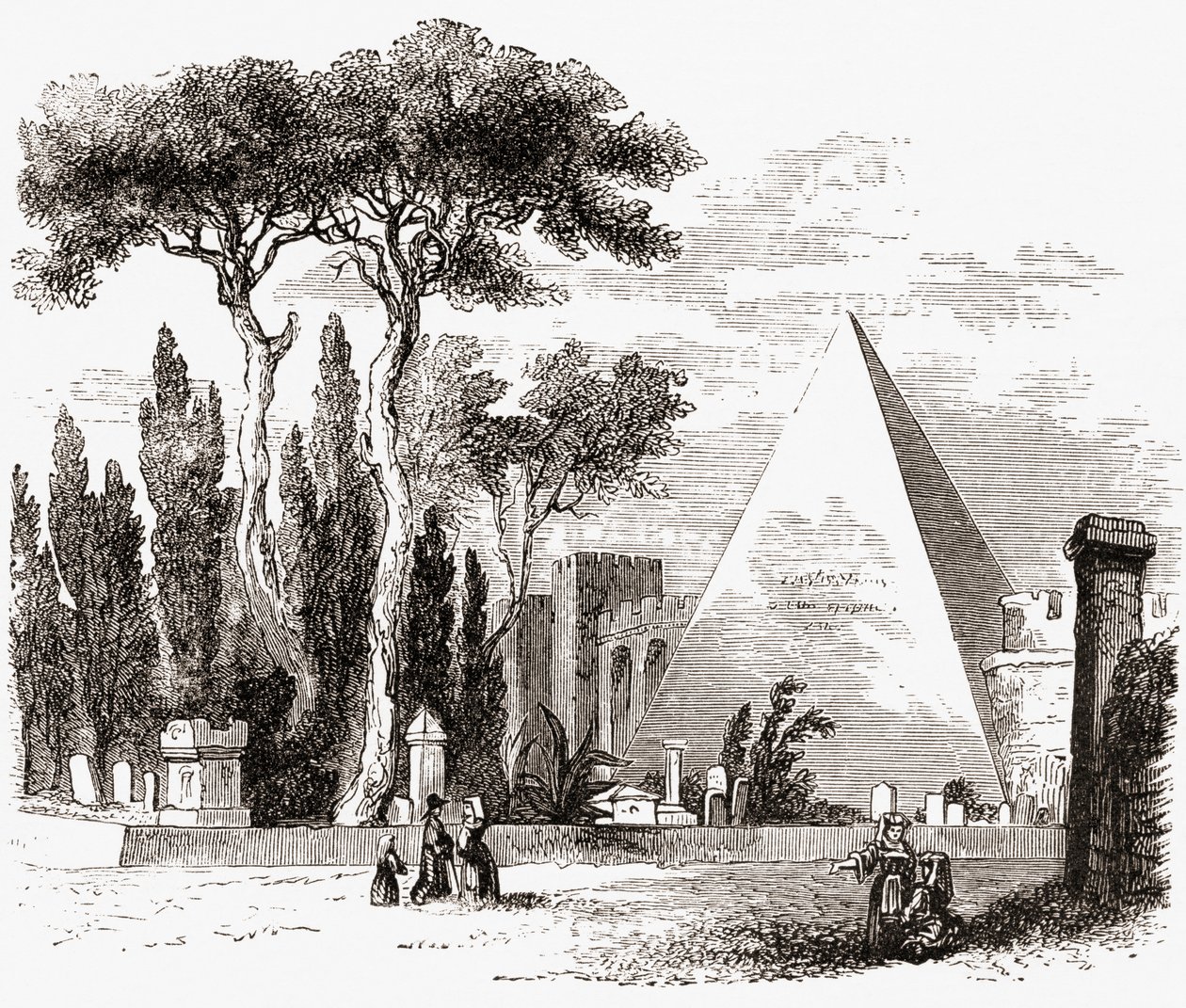 Den protestantiska kyrkogården och Cestius pyramid, Rom, Italien i slutet av 1800-talet. Från Italian Pictures av Rev. Samuel Manning, publicerad ca 1890. av Reverend Samuel Manning