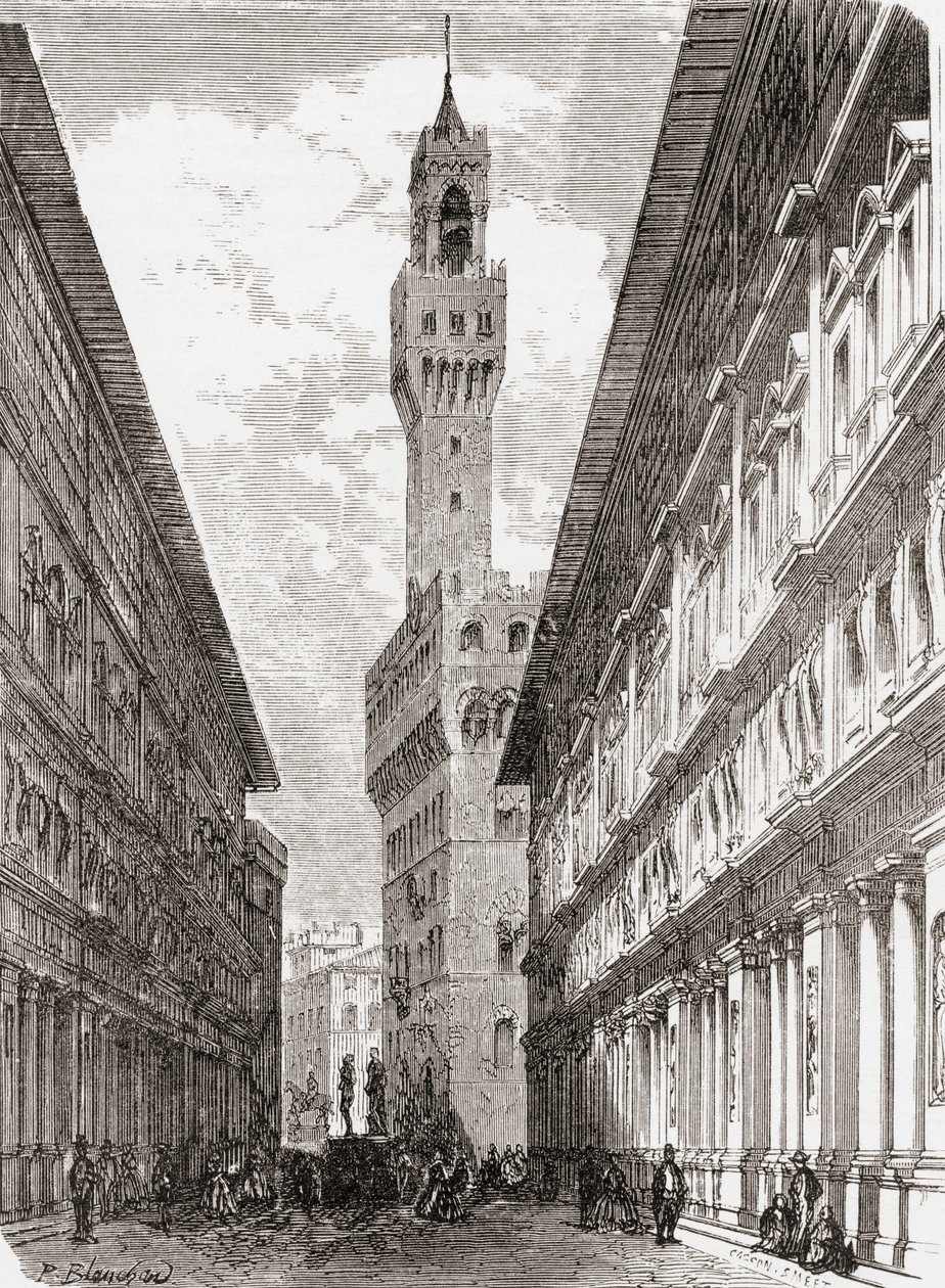Uffizierna, Palazzo Vecchio och statyer på Piazza della Signoria, Florens, Italien i slutet av 1800-talet. Från Italian Pictures av Rev. Samuel Manning, publicerad ca 1890. av Reverend Samuel Manning