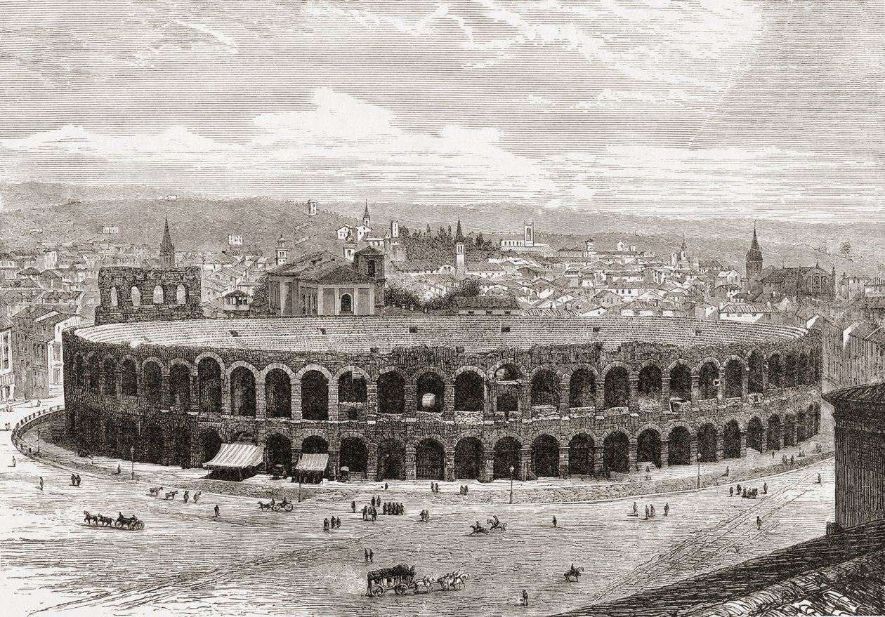 Arenan i Verona, Piazza Bra, Verona, Italien i slutet av 1800-talet. Ur Italian Pictures av Rev. Samuel Manning, utgiven ca 1890. av Reverend Samuel Manning