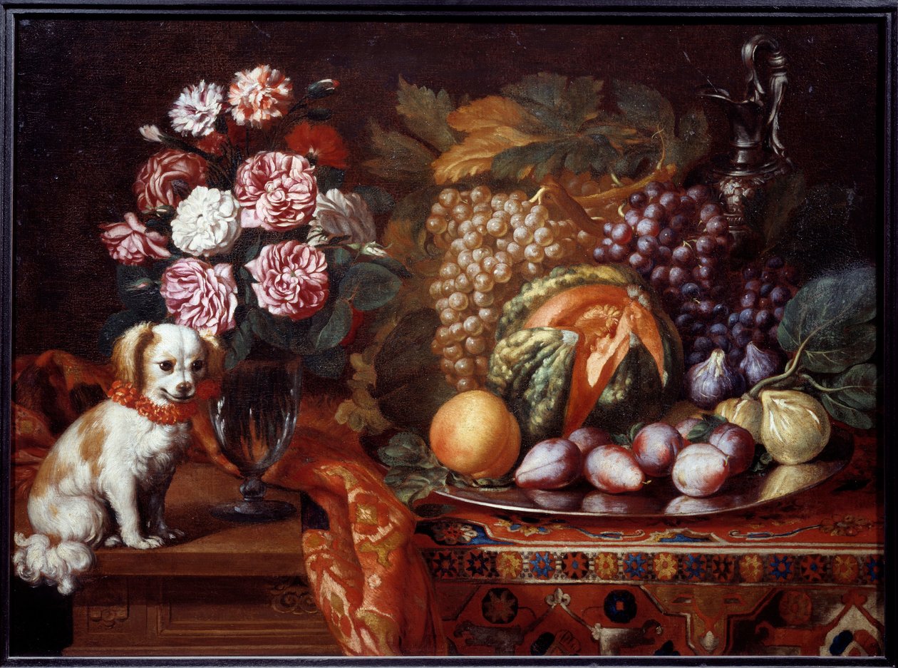 Stilleben med dvärgspaniel. Målning av Renaud Levieux sa Reynaud Le Vieux (ca 1625-1690) av Reynaud Levieux