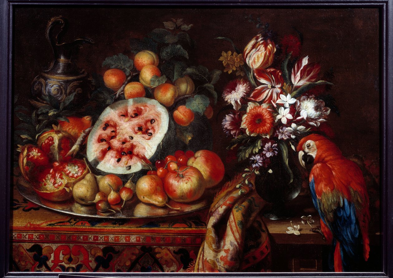 Stilleben med röd papegoja och frukt Passionsfrukt, päron, persika och aprikoser. Målning av Reynaud Levieux Reynaud (cirka 1625-1690) 1600-talets Marseille, Musee des Beaux Arts av Reynaud Levieux