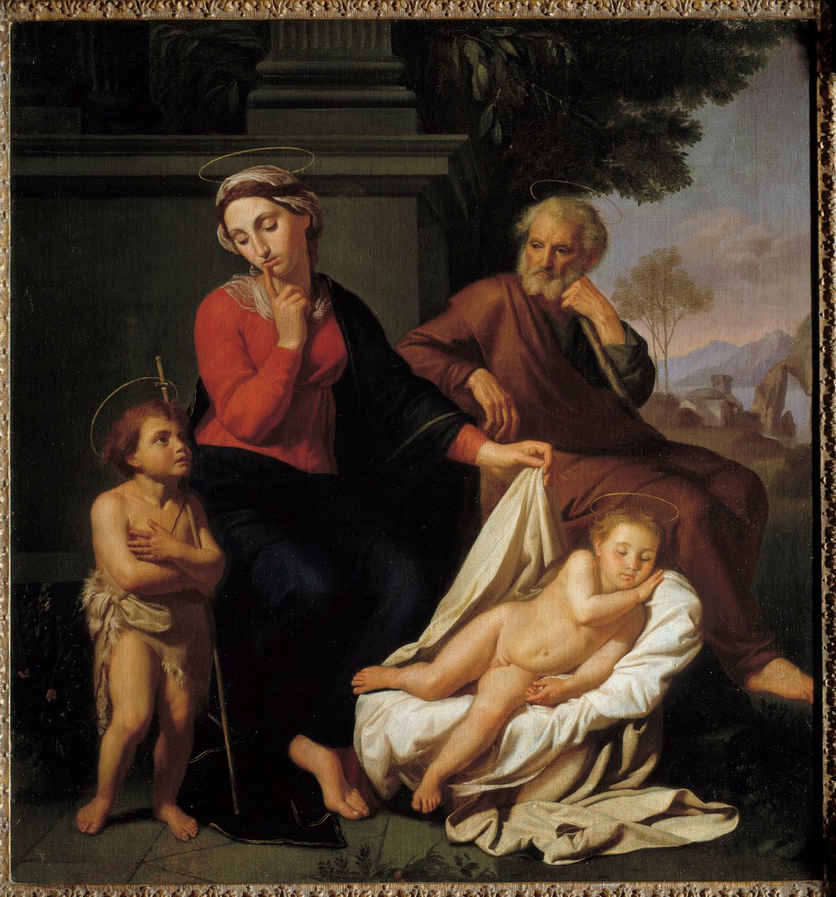 Den heliga familjen. Jungfru Maria lägger ett finger framför sin mun för att be Johannes Döparen att inte väcka Jesus sovande. Saint Joseph tittar på scenen. Målning av Reynaud Levieux (ca 1625-1690) av Reynaud Levieux