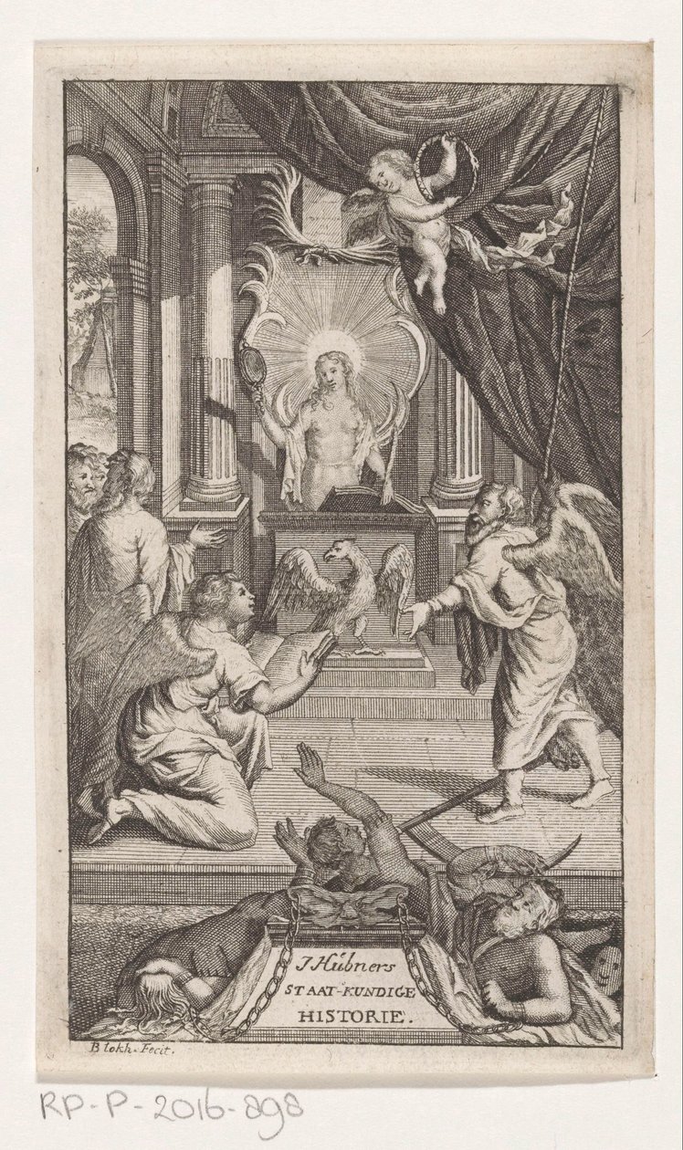 Fader Tid avslöjar historia J. Huebners politiska historia (titel på objekt) Titelsida för: Johann Hübner, Kortfattade frågor ur politisk historia, 1722 av Reynier Blokhuysen
