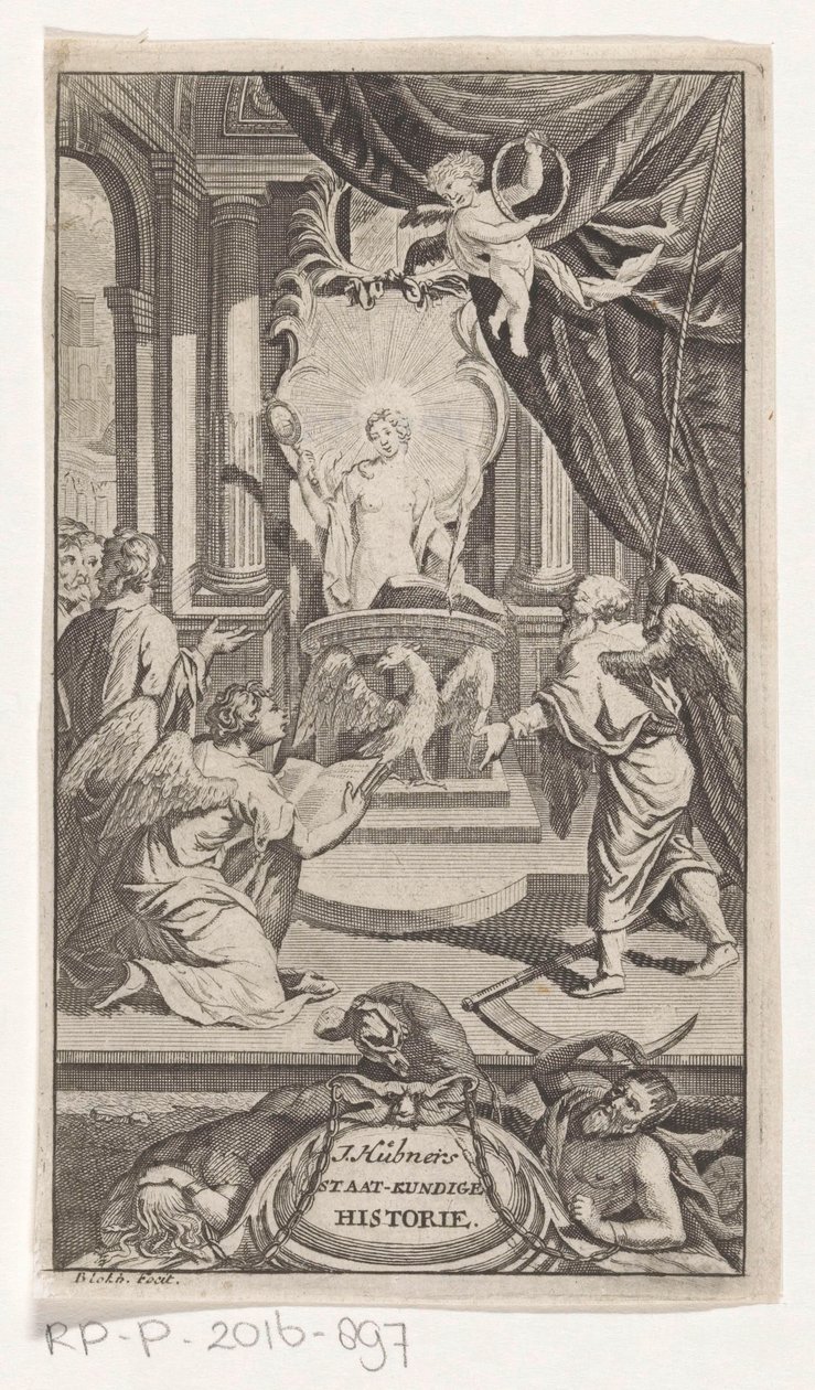 Fader Tid avslöjar historia J. Huebners politiska historia (titel på objekt) Titelsida för: Johann Hübner, Kortfattade frågor ur politisk historia, 1719 av Reynier Blokhuysen