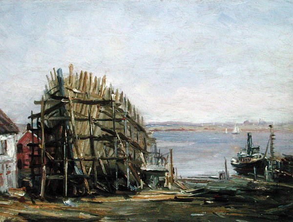 Noank Shipyard, ca 1900 (olja ombord) av Reynolds Beal