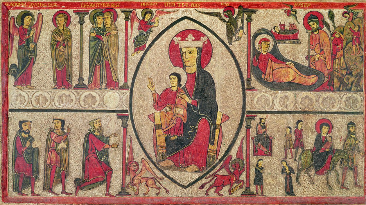 Altarfrontal från kyrkan Santa Maria de Cardet, Vall de Boi, Spanien, föreställande Madonnan och fyra scener ur hennes liv, 1150-1200 (tempera på panel) (se även 498165) av Ribagorça Workshop Johannes Pintor
