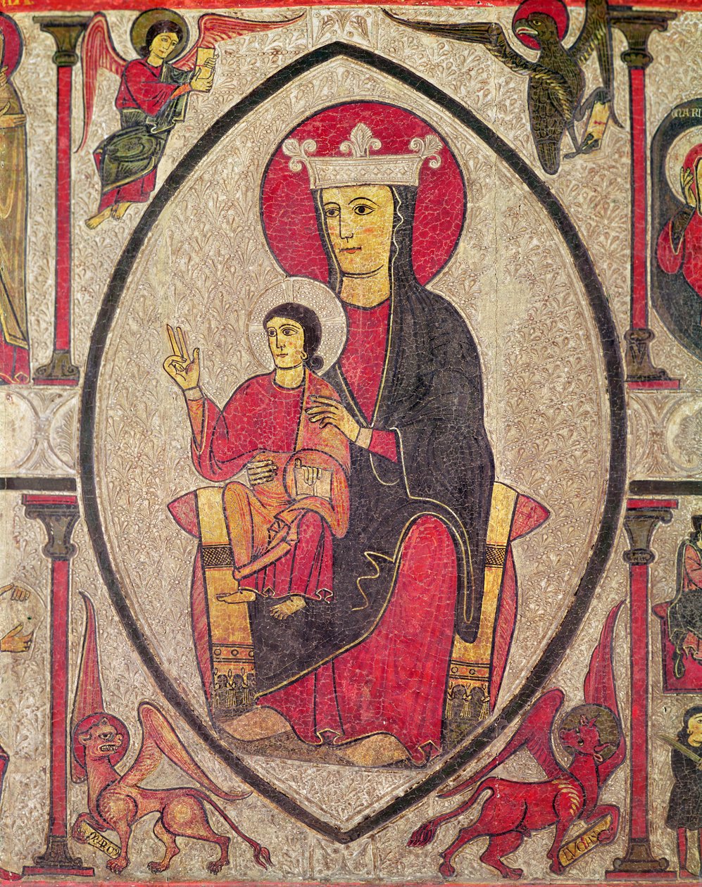 Madonna och barn, centralpanel på altarfronten från kyrkan Santa Maria de Cardet, Vall de Boi, Spanien, 1150-1200 (tempera på panel) (detalj av 498164) av Ribagorça Workshop Johannes Pintor