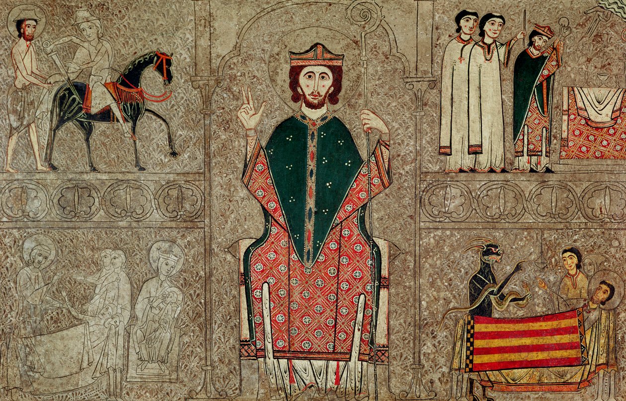 Alter frontal fra kirken Saint Martin, Chia, Spanien, forestillende Saint Martin af Tours og fire scener fra hans liv, 1150-1200 (tempera på panel) swed av Ribagorça Workshop Johannes Pintor