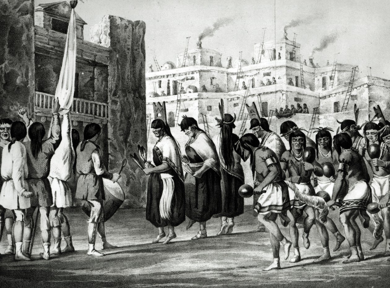 Buffalo Dance på Pueblo de Zuni, New Mexico, från "Rapport of an Expedition Down the Zuni and Colorado Rivers" av Sitgreave, pub. av Ackermann av Ricard Hovenden Kern
