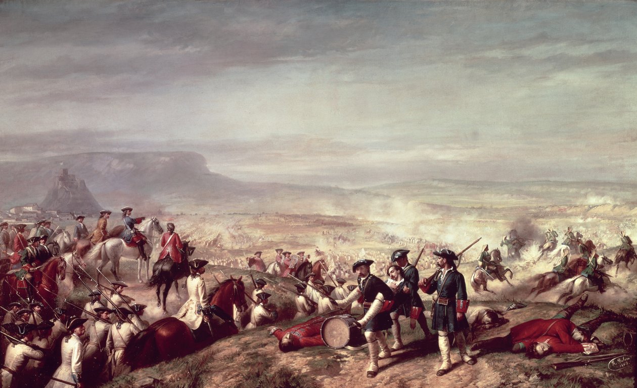 Slaget vid Almansa mellan Filip V:s (1683-1746) trupper och ärkehertig Karl av Österrikes trupper 1707 (olja på duk) av Ricardo Balaca y Canseco