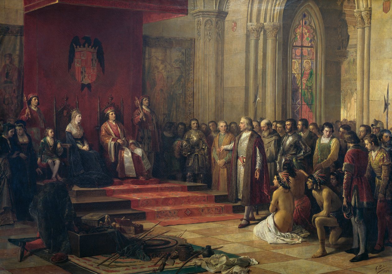 Christopher Columbus mottogs av de katolska kungarna i Barcelona när han återvände från sin första resa till Amerika, målning 1874 av Ricardo Balaca (1844-1880), olja på duk av Ricardo Balaca y Canseco