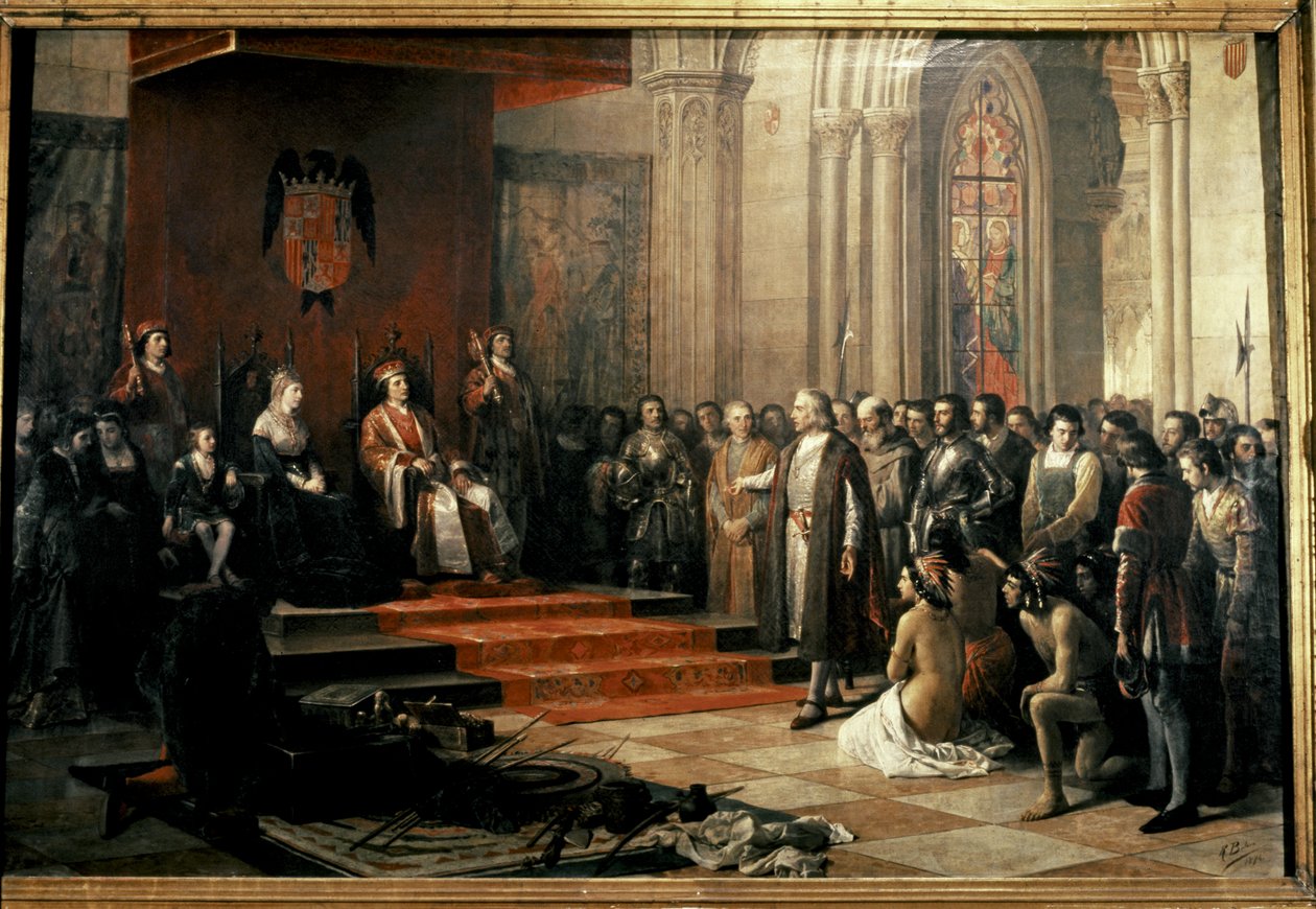 Columbus med de katolska kungarna (Isabella och Fernando) av... av Ricardo Balaca y Canseco