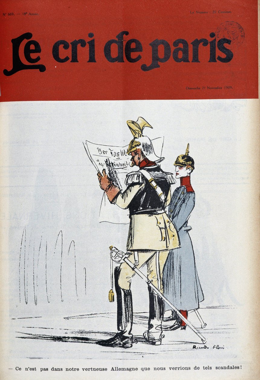 Kejsar av Tyskland (?) läser en tidning som fördömer skandaler (men vilka?), av Florès-couv. "Le Cree de Paris"" av 1909-11-21. av Ricardo Flores