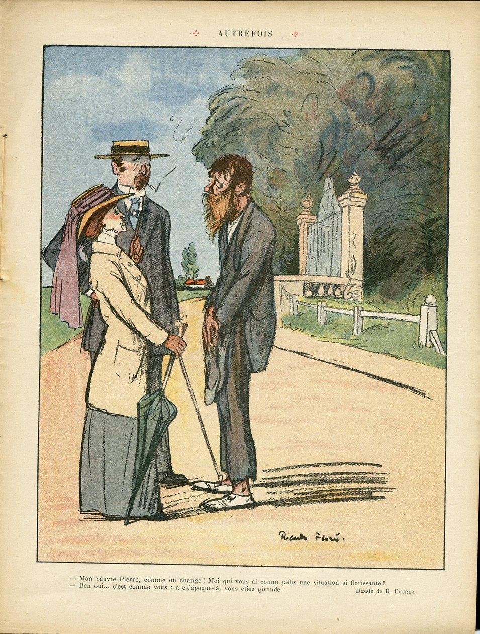 Illustration av Ricardo Flores (1878-1918) i Le Lire, 01/06/12 - Tidigare - Landsbygd, Stadsarkitektur, Misere, De rikas liv, Träd - Kvinnor av Ricardo Flores
