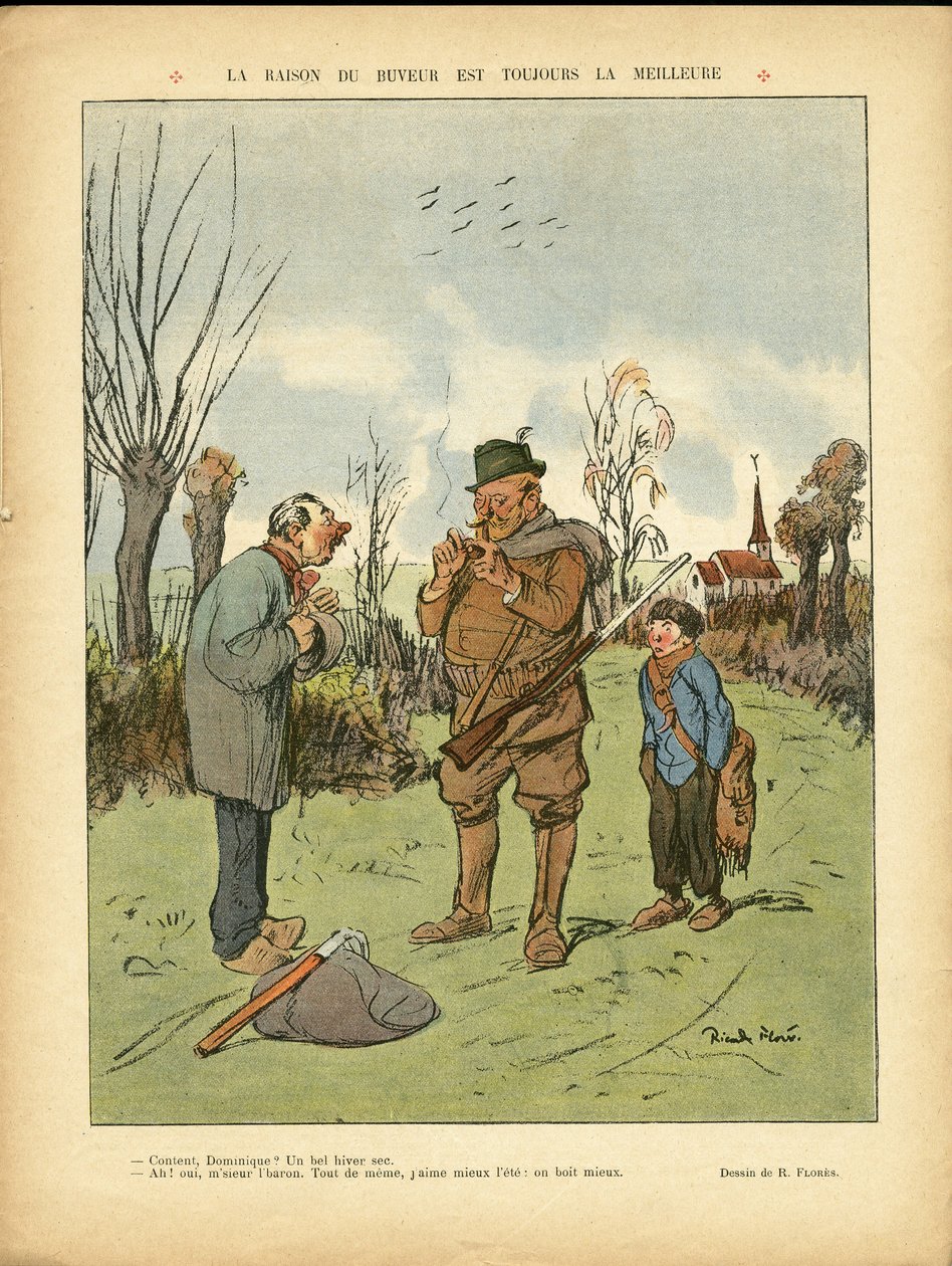 Illustration av Ricardo Flores (1878-1918) i Le Lire, 04/01/13 - Orsaken till den som dricker är alltid den bästa - Kampanj, Barndom, Jaktjägare, Katedraler Kyrkor, Alkoholalkoholism av Ricardo Flores