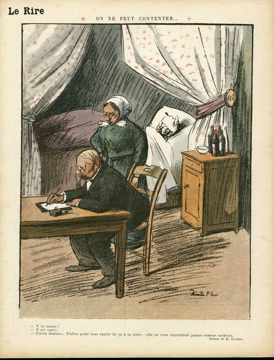 Illustration av Ricardo Flores (1878-1918) i Le Lire, 08/02/13 - Man kan inte tillfredsställa - Medicin, Arkitektur interieure av Ricardo Flores