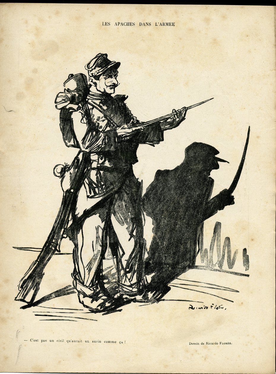 Illustration av Ricardo Flores (1878-1918) i Le Lire, 22/01/10 - Apaches in the Armee - Apaches proxenetes - Skugga/ljus av Ricardo Flores